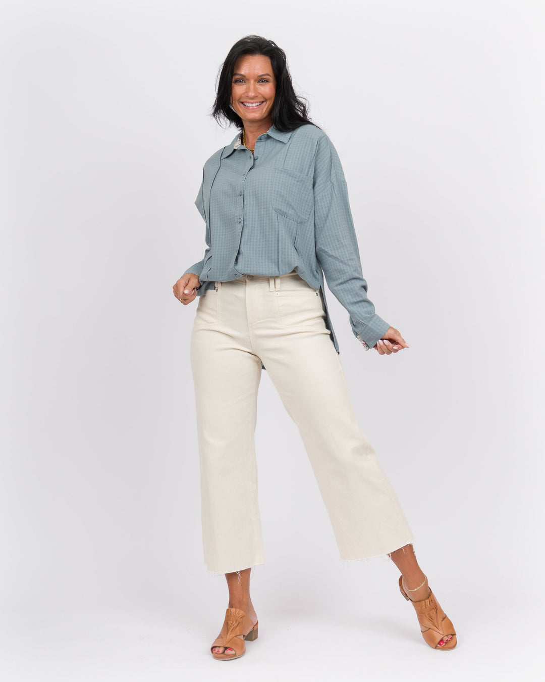 Plaid Button Down Top Blue Grey