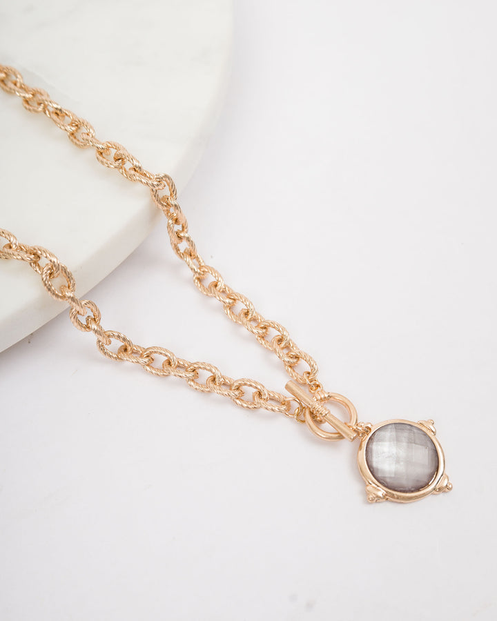 Gold Toggle Chain with Jewel Circle Charm - Grey