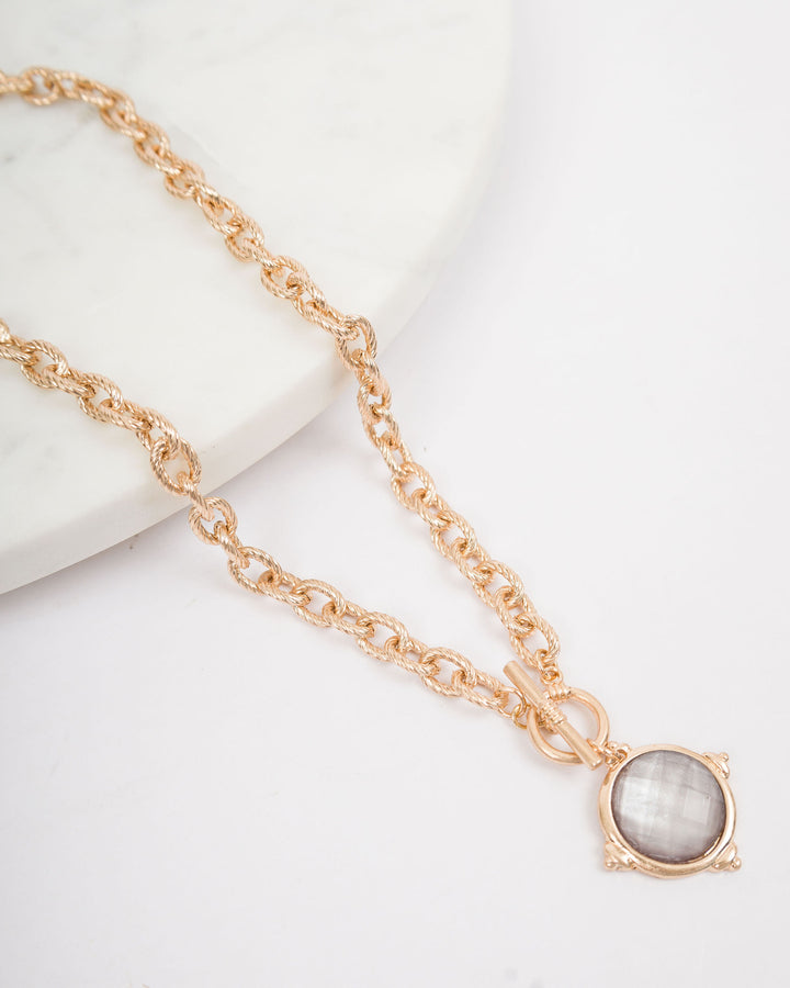 Gold Toggle Chain with Jewel Circle Charm - Grey