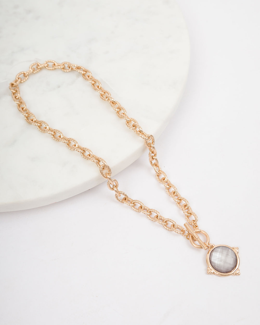 Gold Toggle Chain with Jewel Circle Charm - Grey