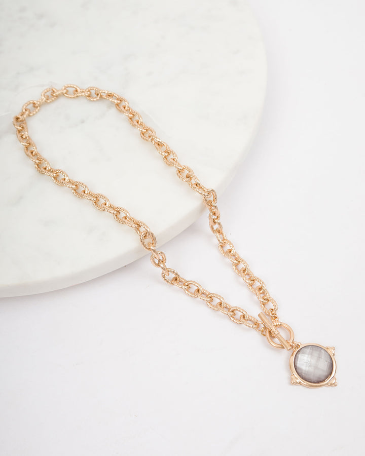 Gold Toggle Chain with Jewel Circle Charm - Grey