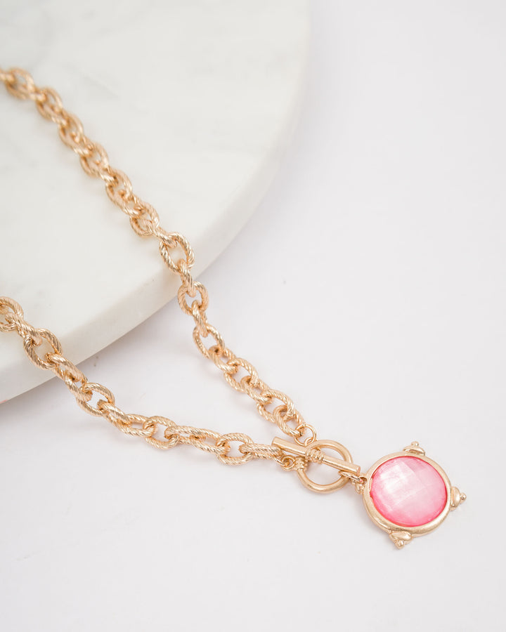 Gold Toggle Chain with Jewel Circle Charm - Pink