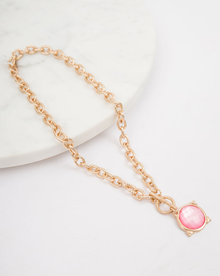Gold Toggle Chain with Jewel Circle Charm - Pink