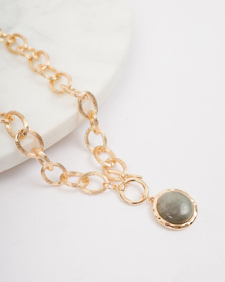 Gold Link Necklace with Stone Circle - Grey