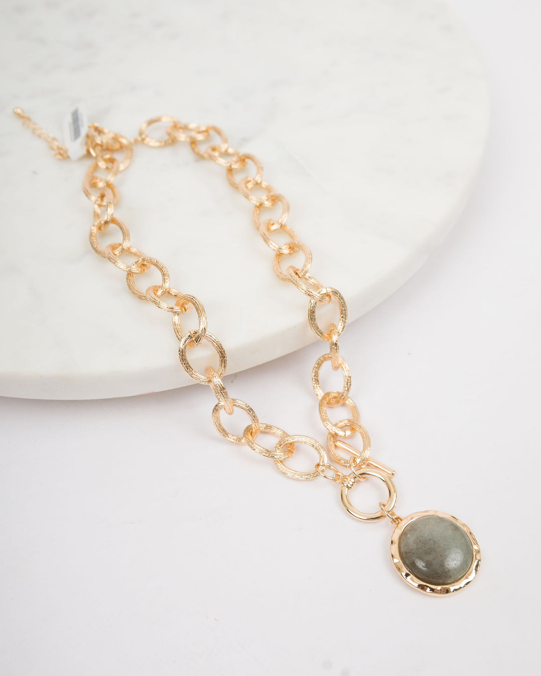 Gold Link Necklace with Stone Circle - Grey
