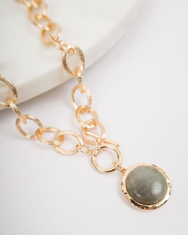Gold Link Necklace with Stone Circle - Grey