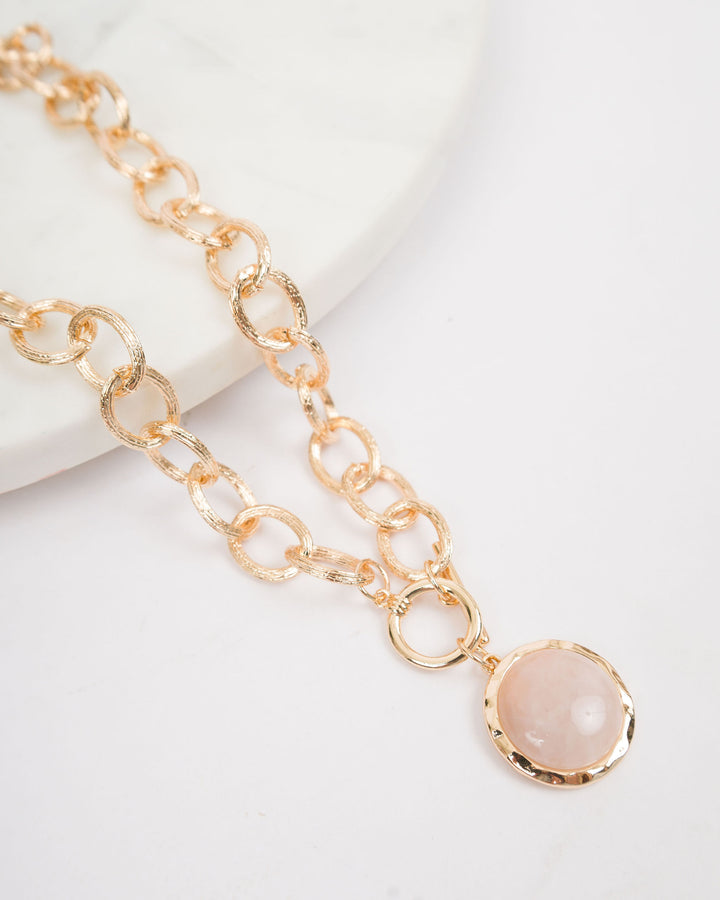 Gold Link Necklace with Stone Circle - Lt Pink