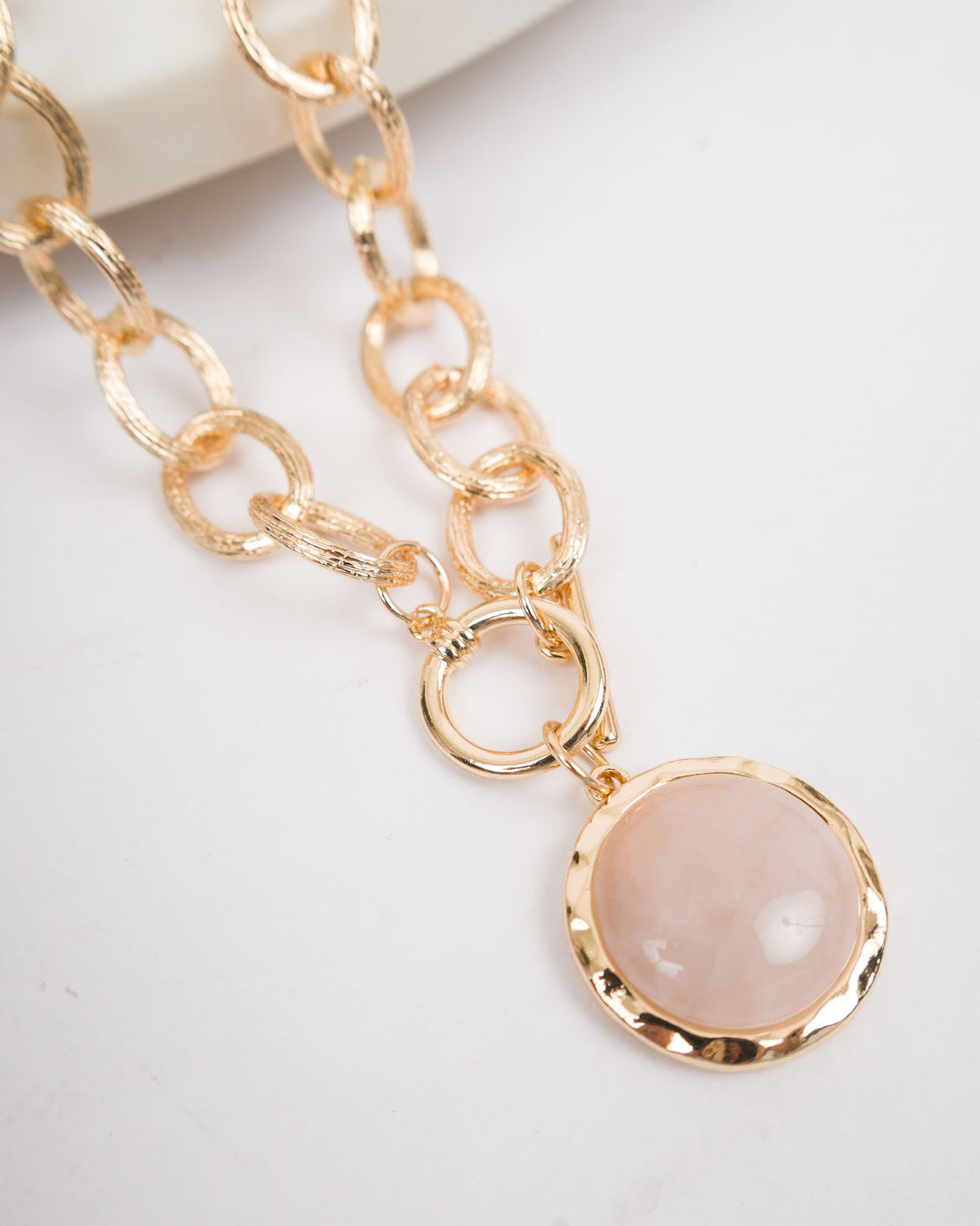 Gold Link Necklace with Stone Circle - Lt Pink