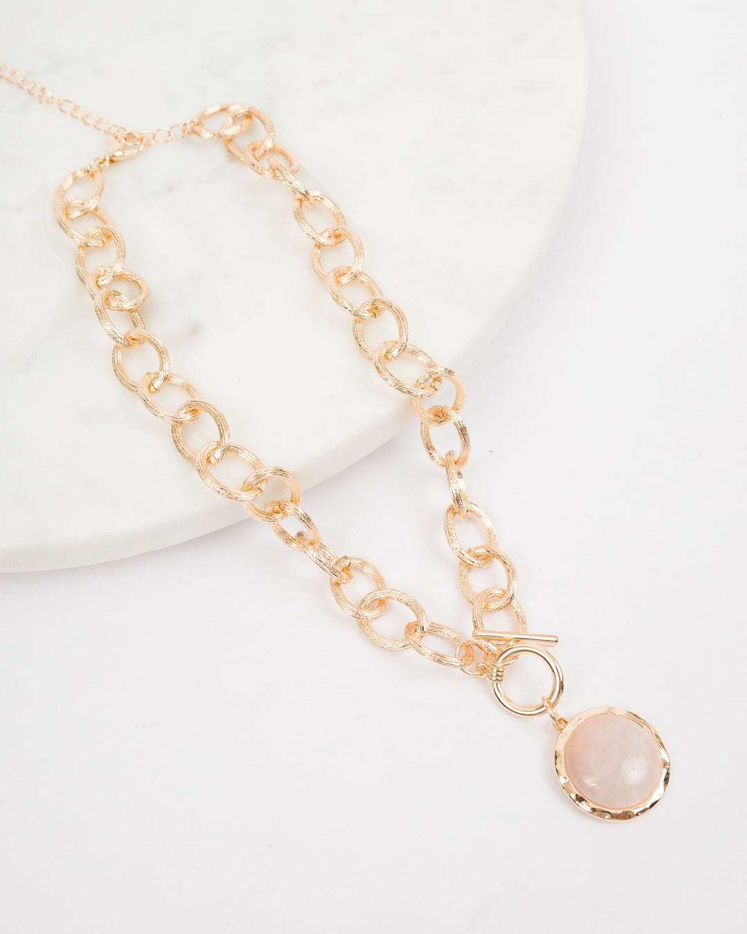 Gold Link Necklace with Stone Circle - Lt Pink