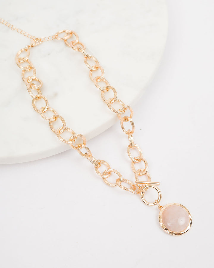 Gold Link Necklace with Stone Circle - Lt Pink