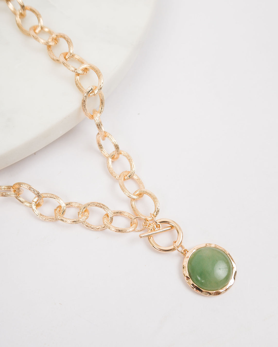 Gold Link Necklace with Stone Circle - Green