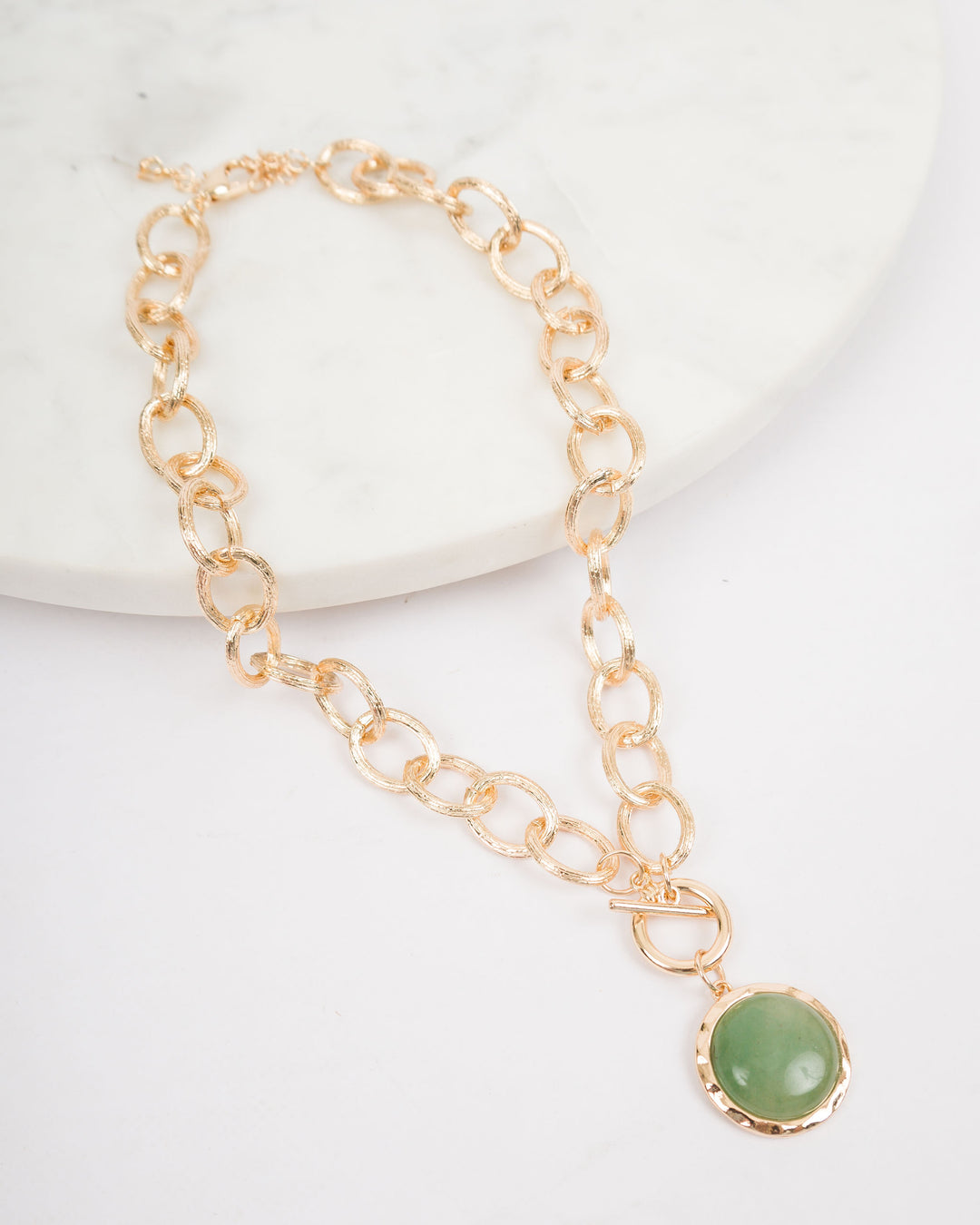 Gold Link Necklace with Stone Circle - Green