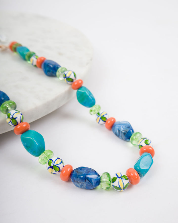 Blue White Stone Tan Disk Necklace