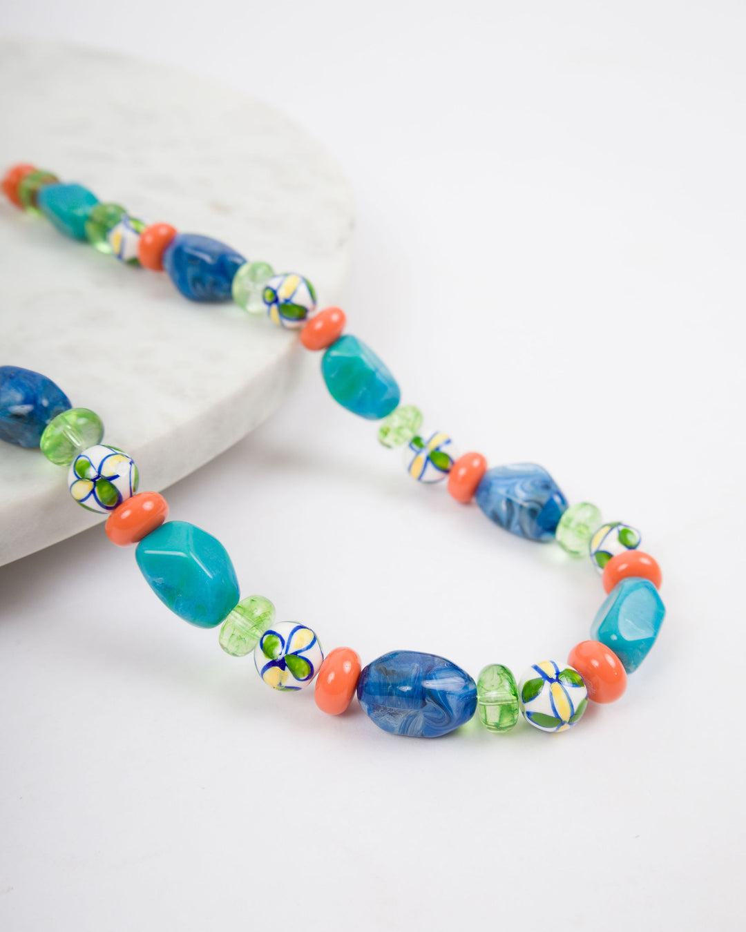 Blue White Stone Tan Disk Necklace