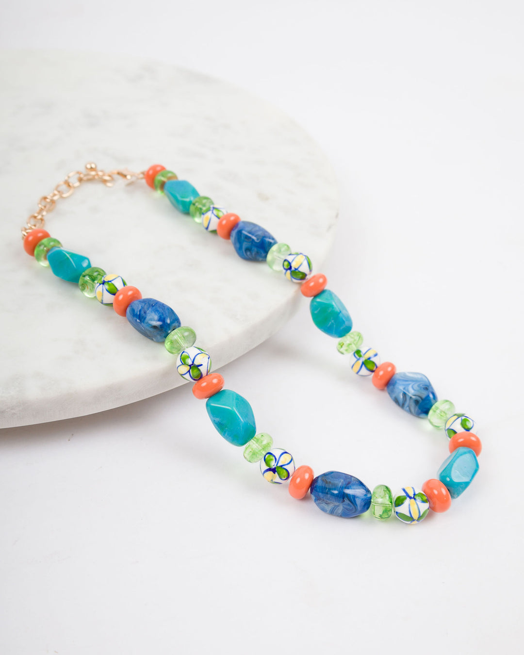 Blue White Stone Tan Disk Necklace