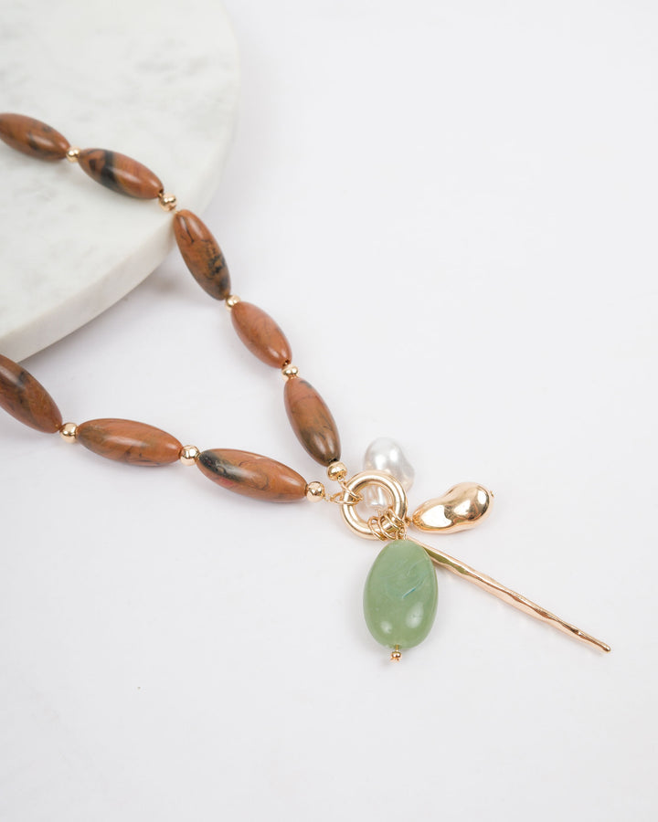 Unity Long Bead Necklace with Charm Necklace - Brown