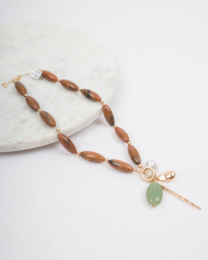 Unity Long Bead Necklace with Charm Necklace - Brown