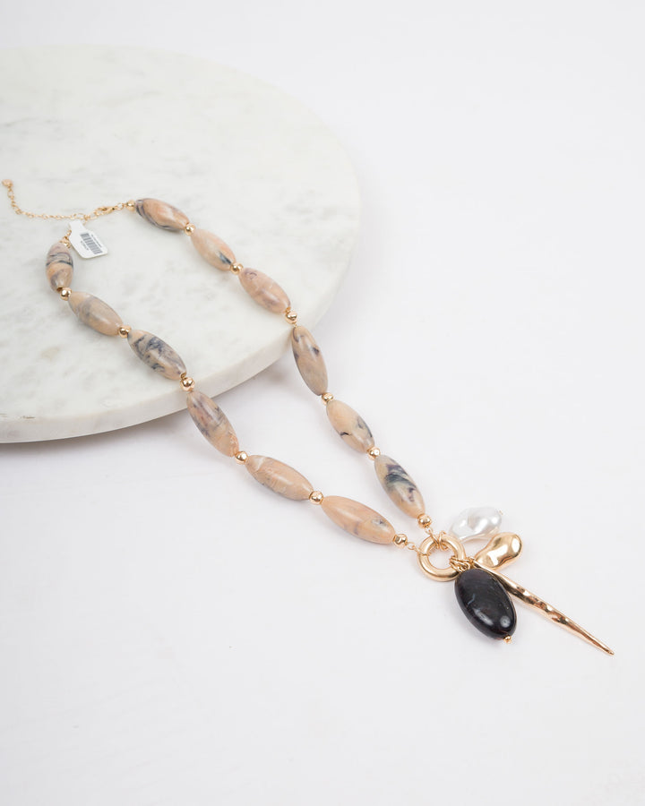 Unity Long Bead Necklace with Charm Necklace - Tan