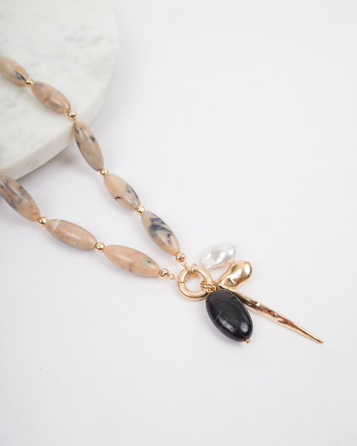 Unity Long Bead Necklace with Charm Necklace - Tan