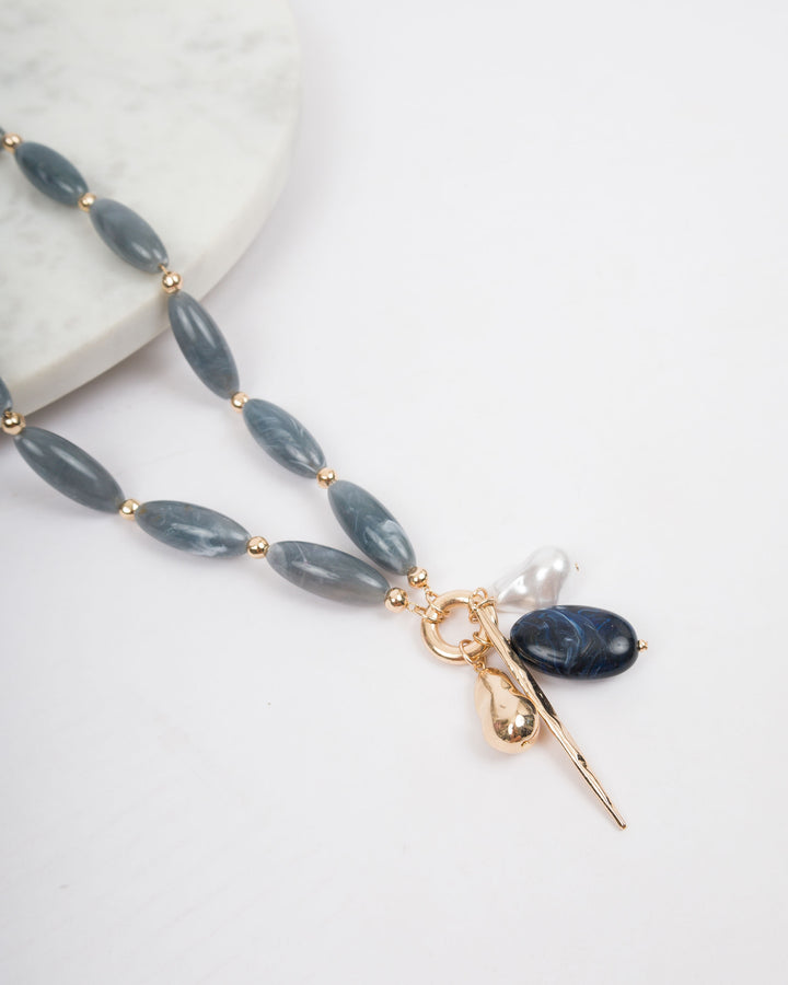 Unity Long Bead Necklace with Charm Necklace - Grey