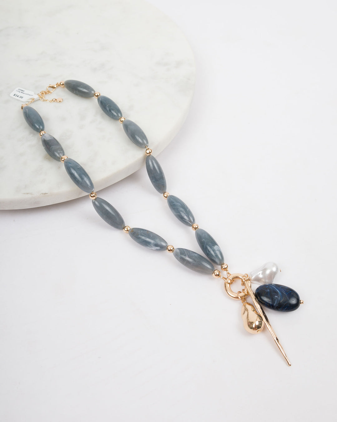 Unity Long Bead Necklace with Charm Necklace - Grey