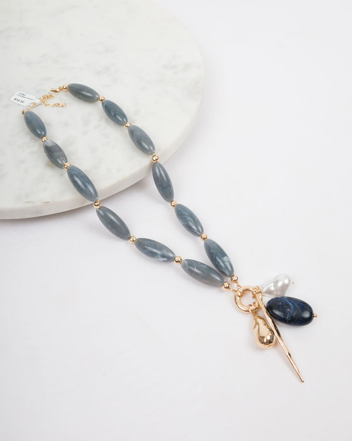 Unity Long Bead Necklace with Charm Necklace - Grey