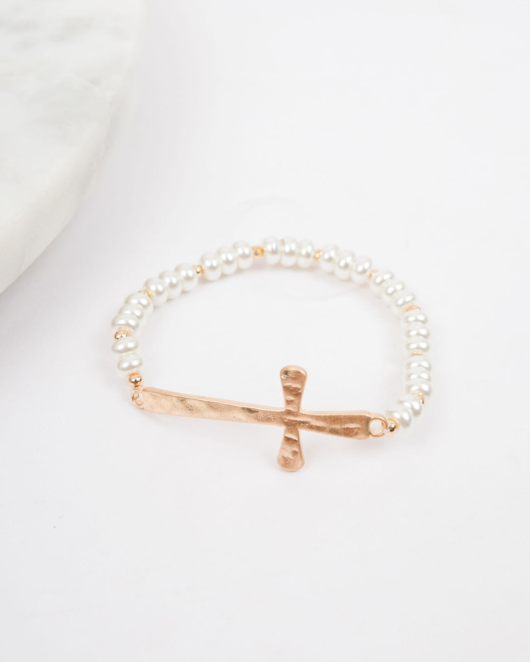 Beaded Cross Bracelet - Pearl