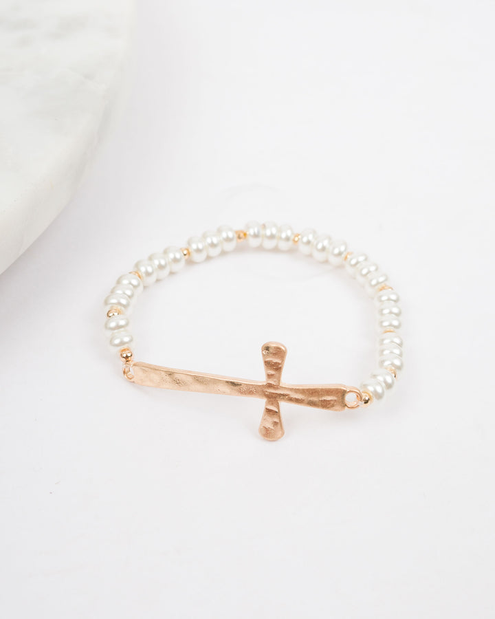 Beaded Cross Bracelet - Pearl