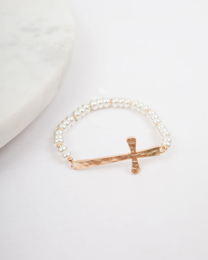 Beaded Cross Bracelet - Pearl