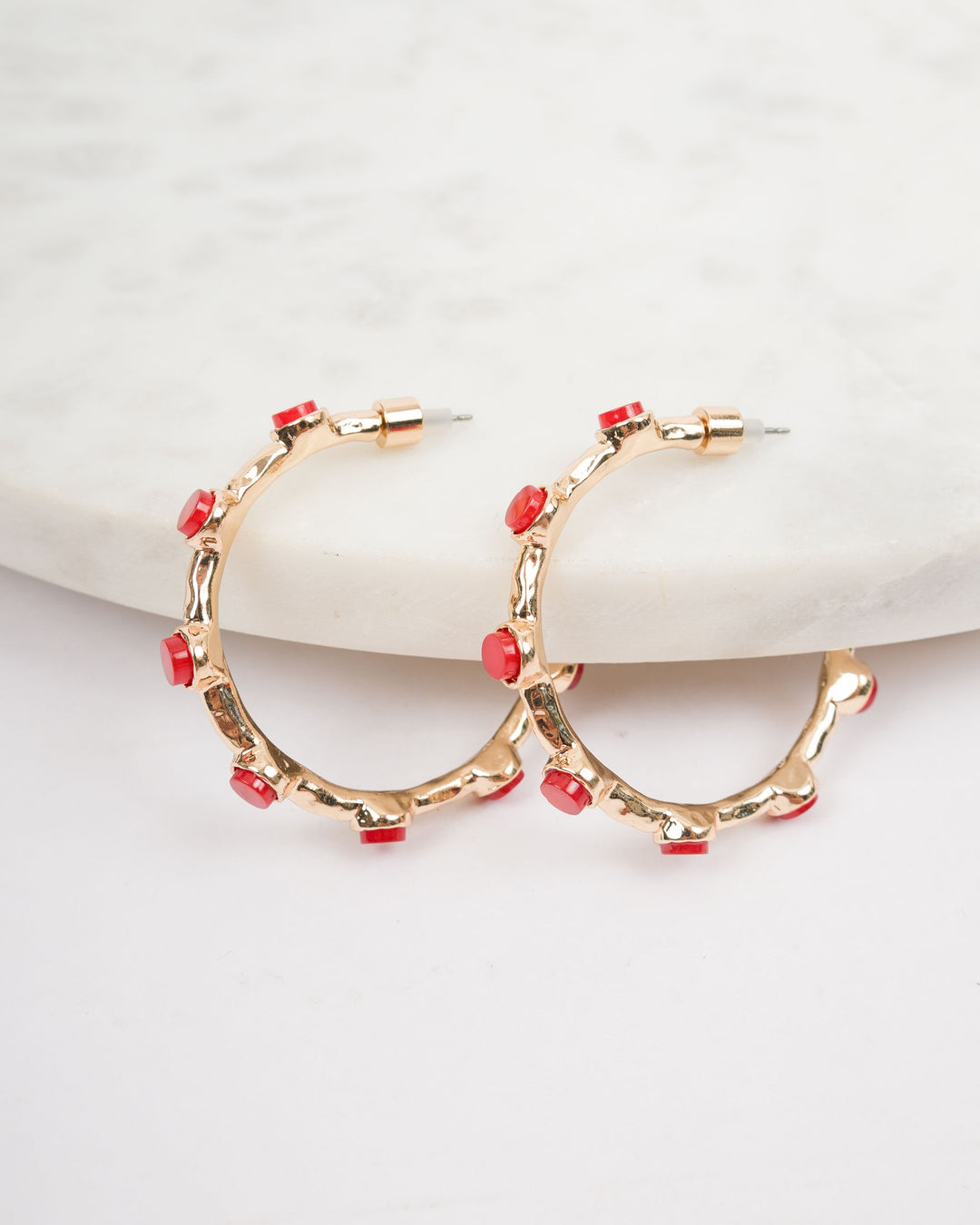 Bezel Bead Hoop Earrings - Red