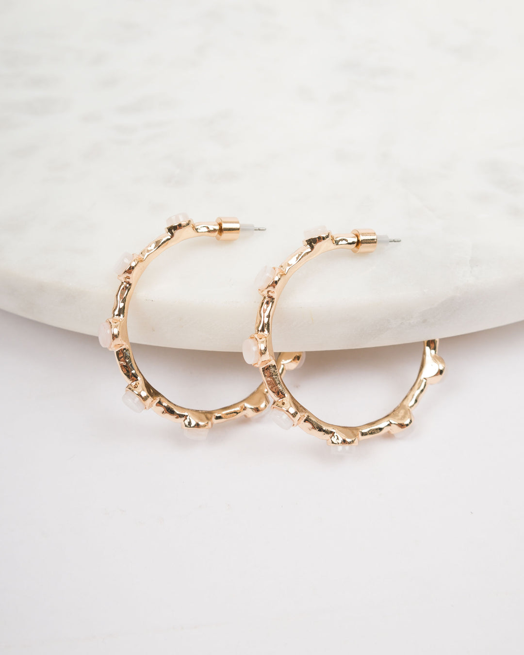 Bezel Bead Hoop Earrings - Pearl