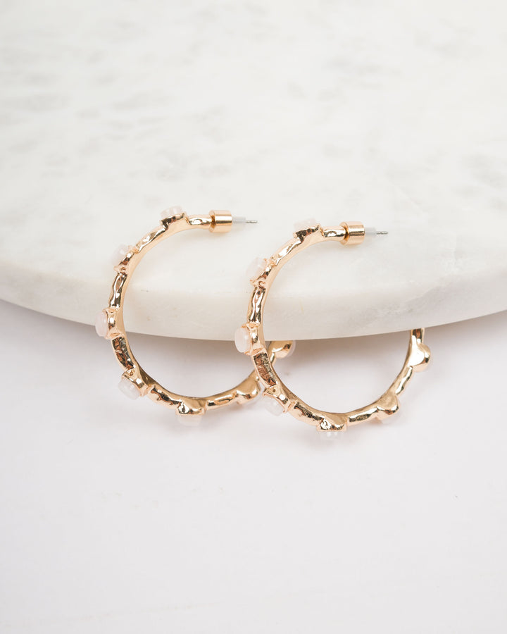 Bezel Bead Hoop Earrings - Pearl