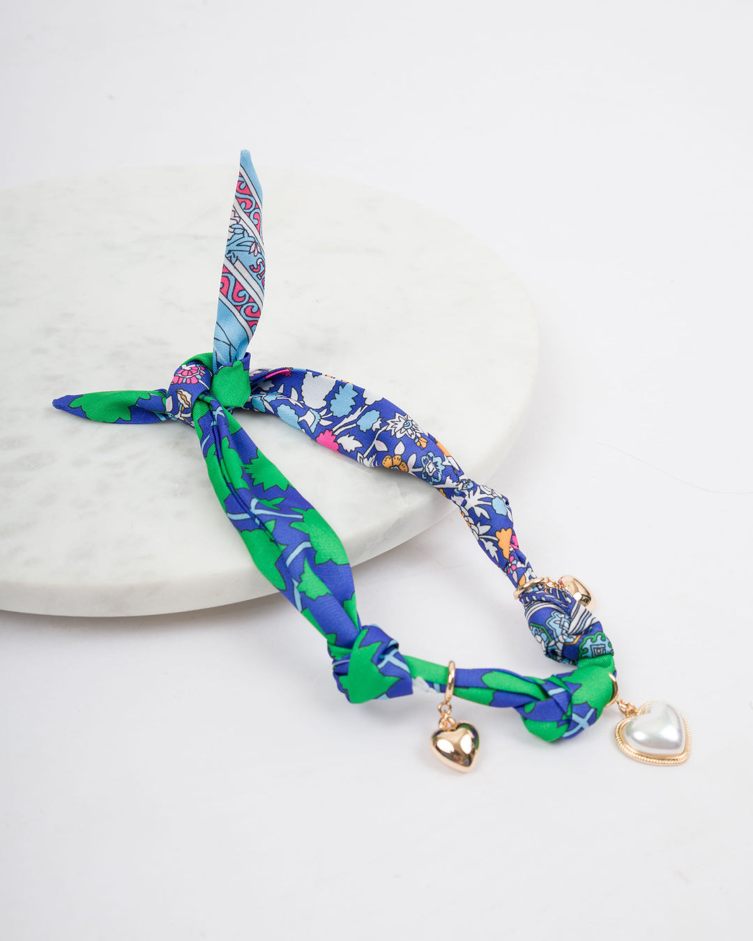 Blue and Green Knotted Scarf Necklace with Three Heart Charms