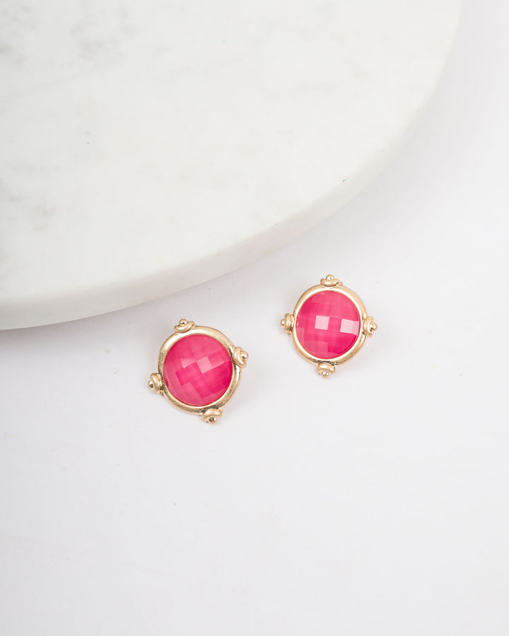 Gold Rim Color Disc Earrings - Fuchsia