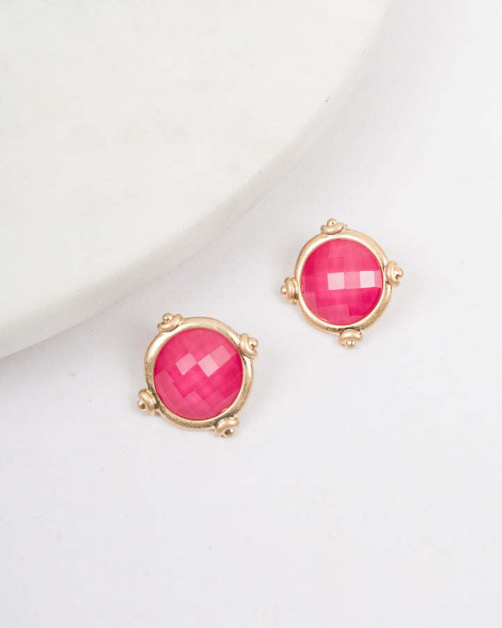 Gold Rim Color Disc Earrings - Fuchsia