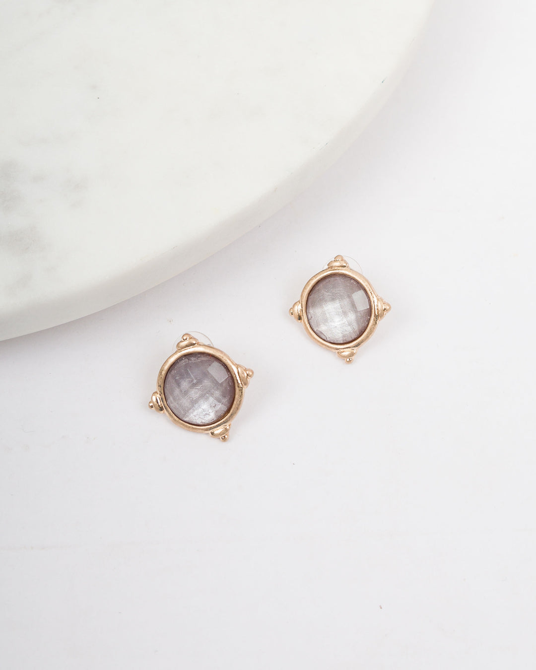 Gold Rim Color Disc Earrings - Light Grey
