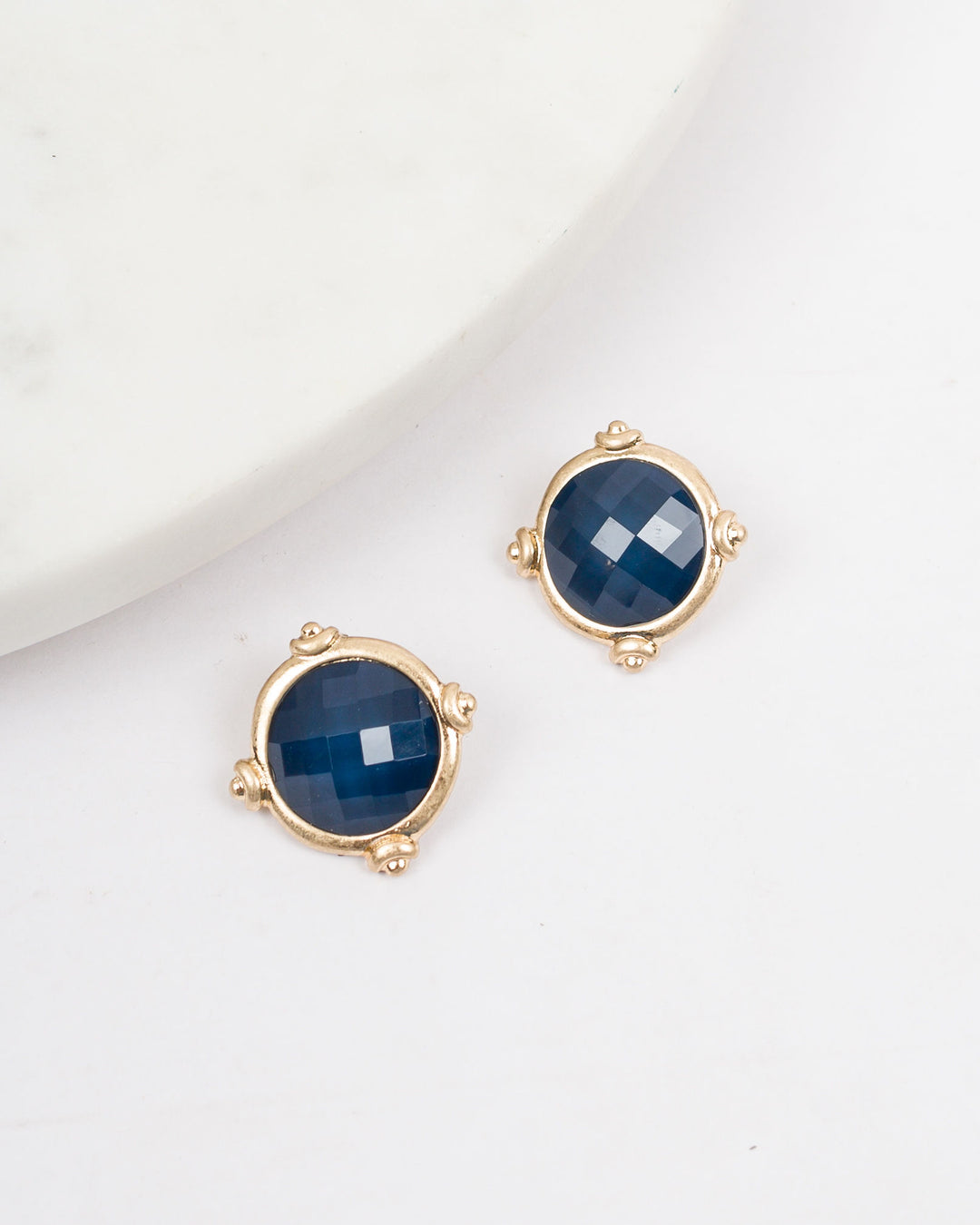 Gold Rim Color Disc Earrings - Navy Blue