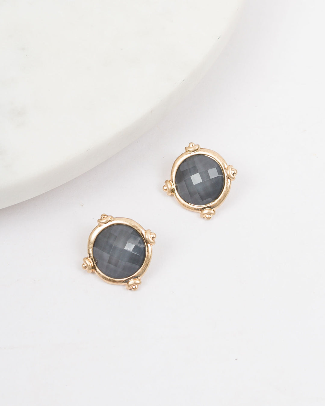 Gold Rim Color Disc Earrings - Dark Grey
