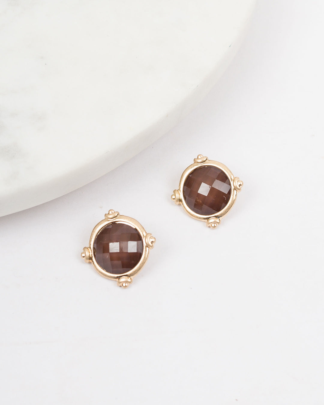 Gold Rim Color Disc Earrings - Brown