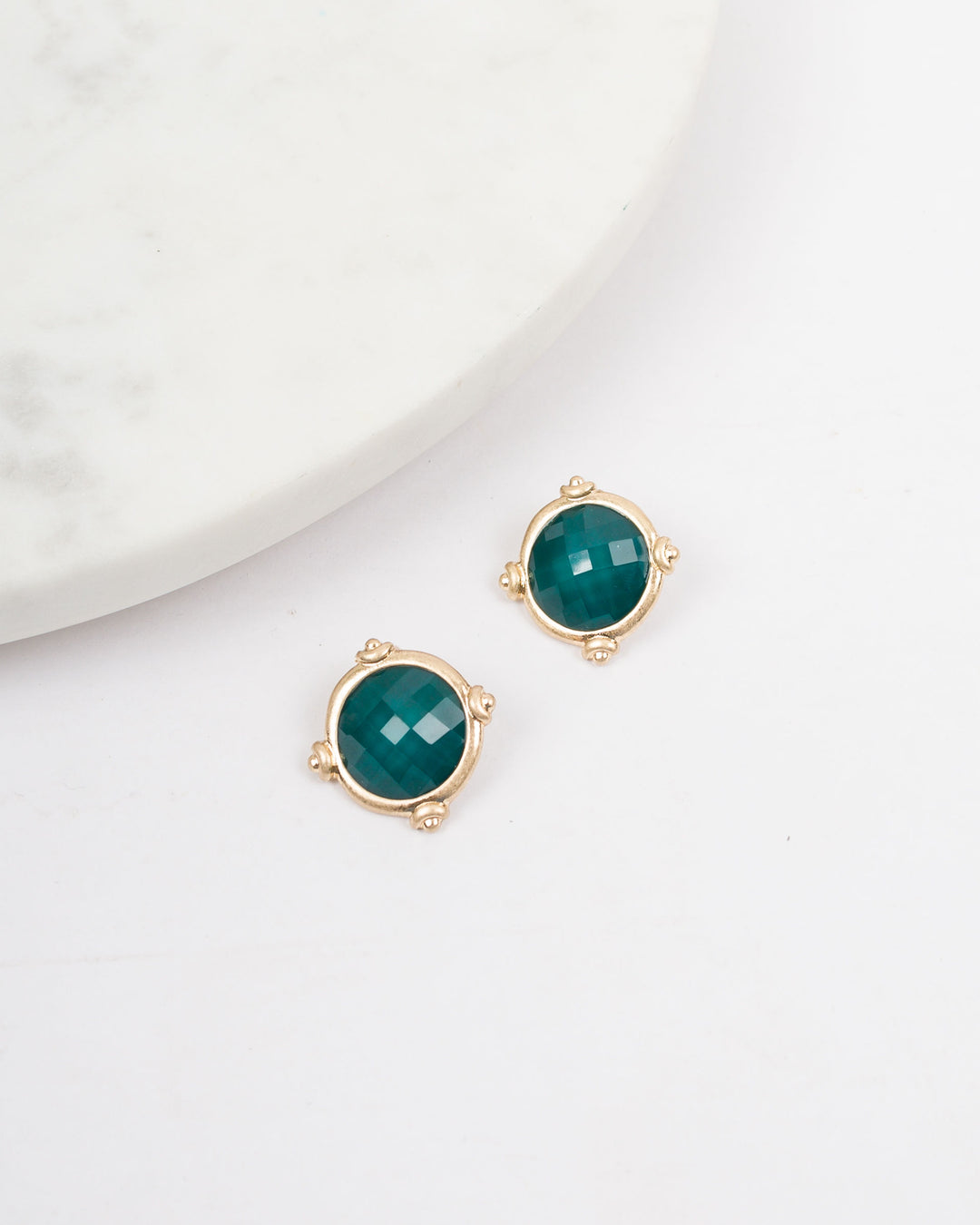 Gold Rim Color Disc Earrings - Emerald