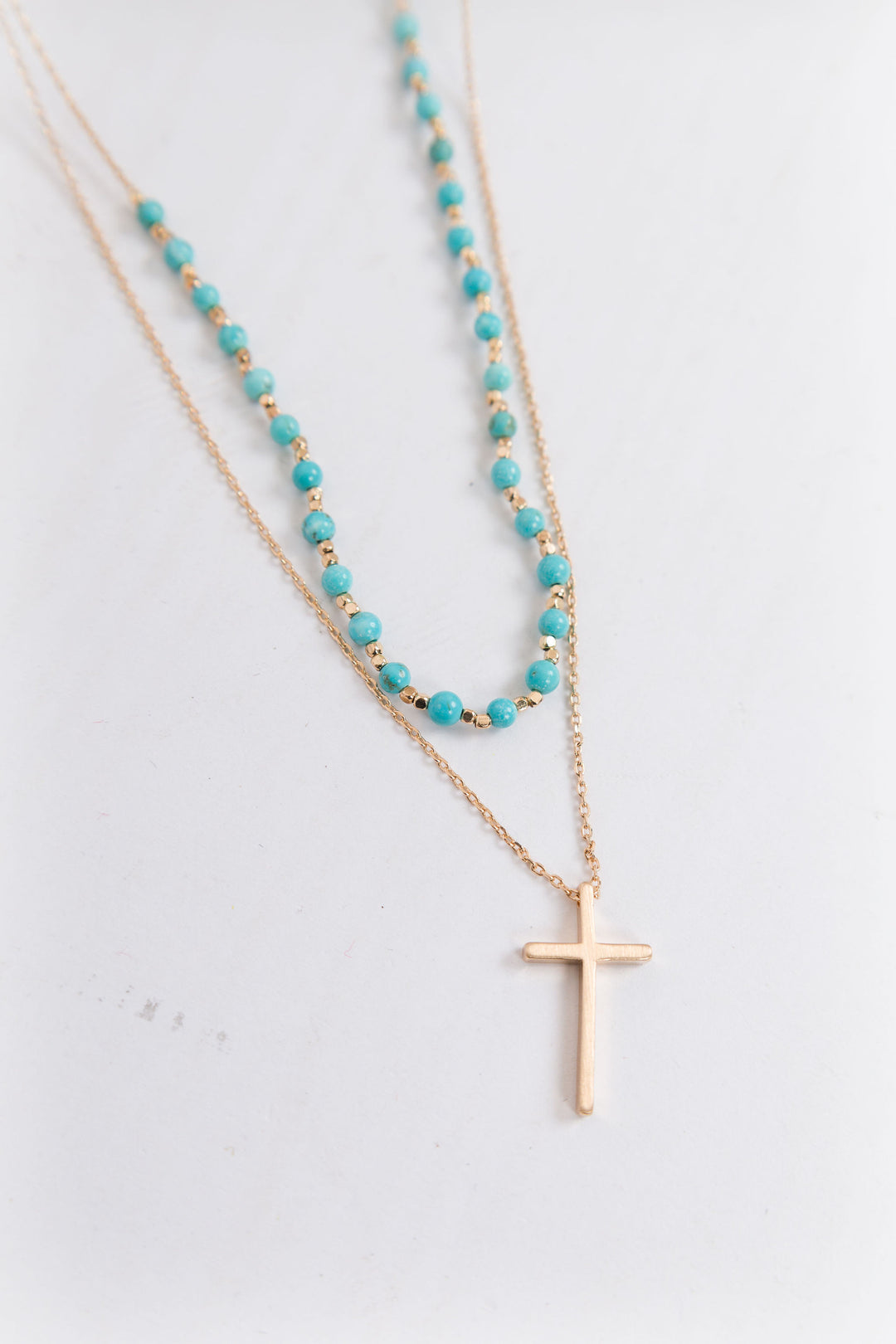 Double Strand Bead and Cross Necklace - Turquoise