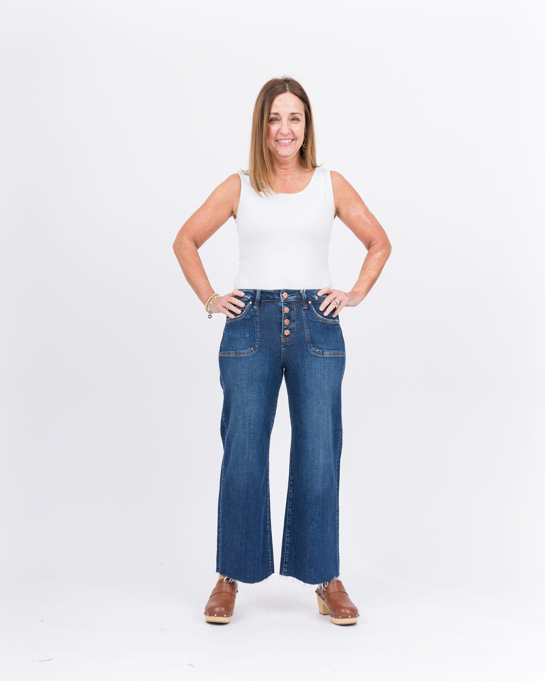 Risen High Rise Crop Wide Button Up Jeans