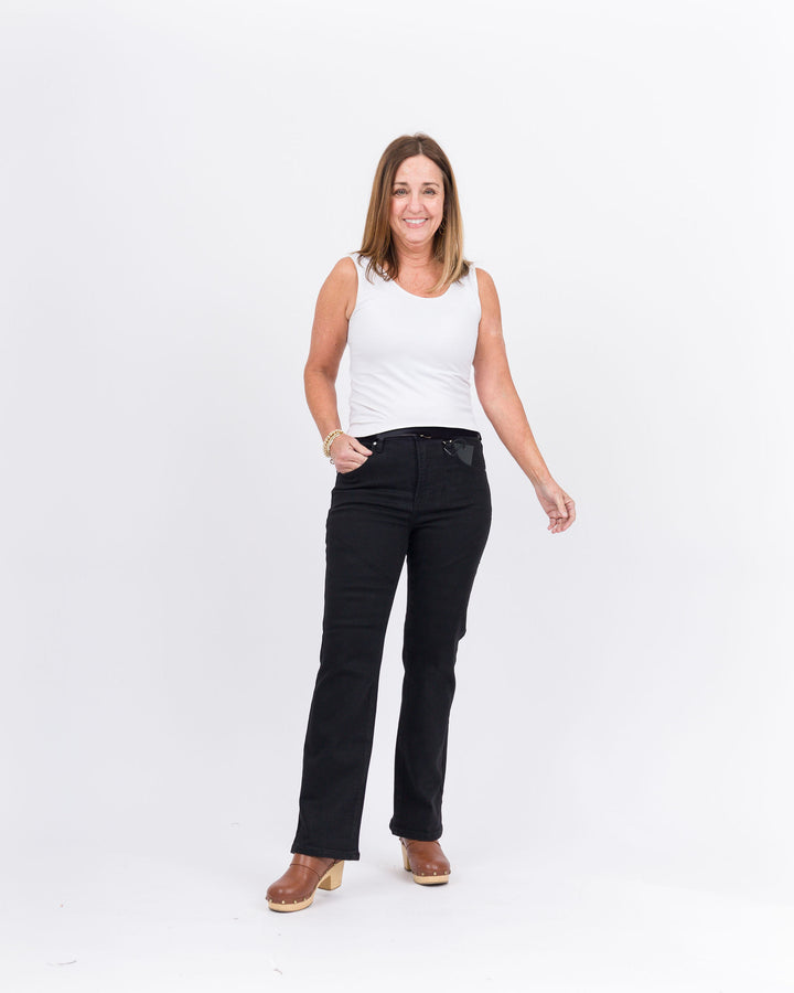 Risen Tummy Control  High Rise Crop  Straight Jeans- Black