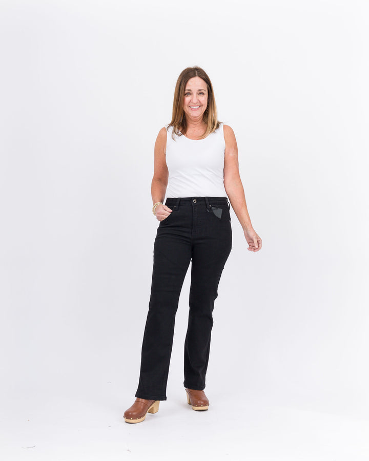 Risen Tummy Control  High Rise Crop  Straight Jeans- Black