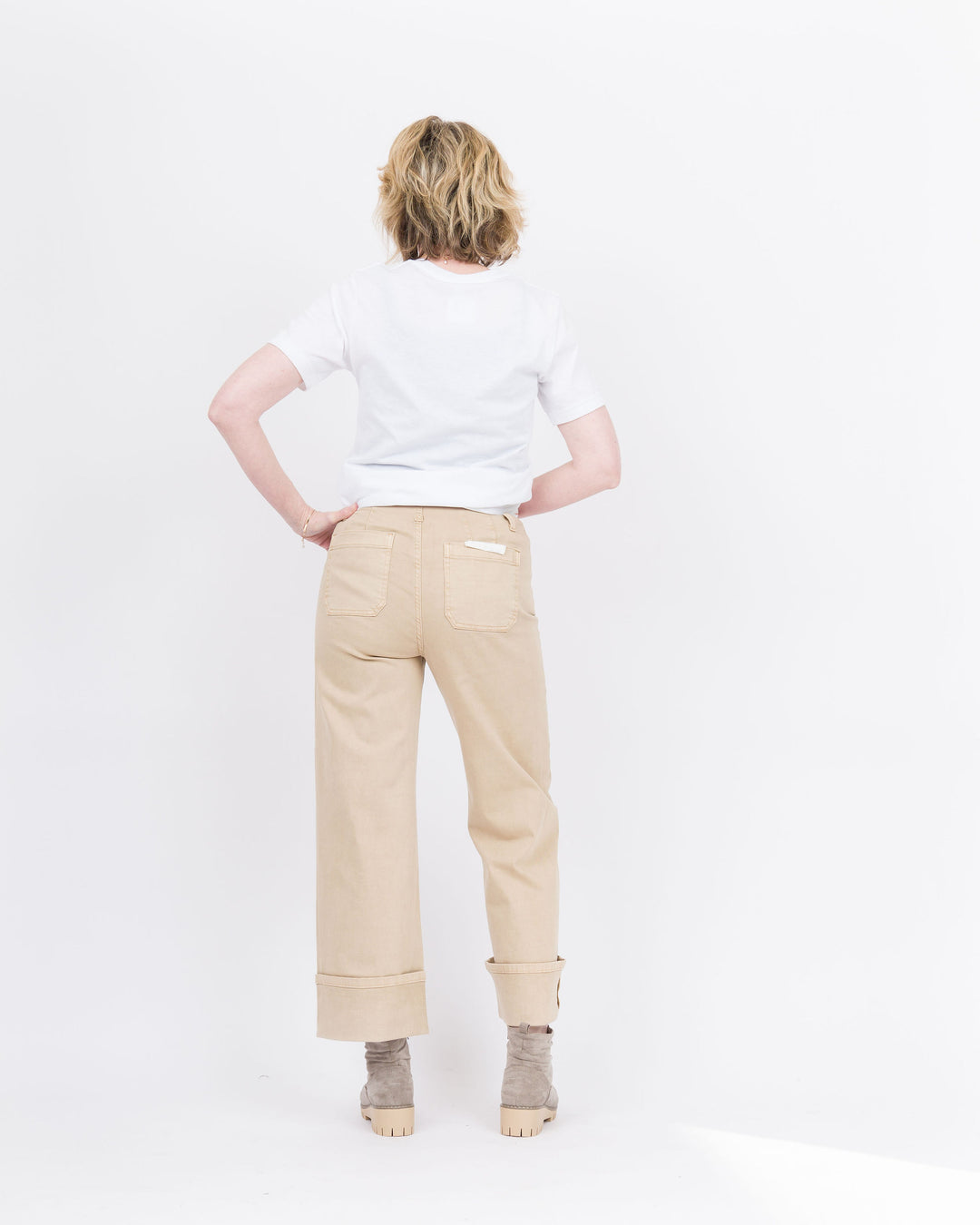 Risen High Rise Wide Leg Front Patch Pocket Cuffed Pants - Latte