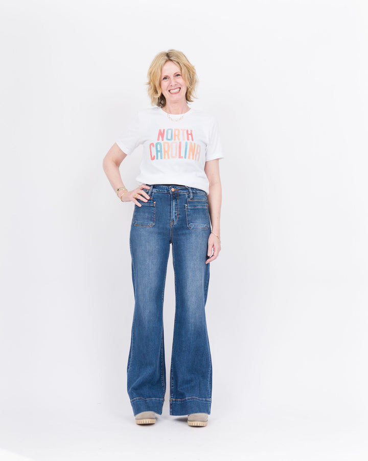 Risen High Rise Wide Flare Patch Pocket Jeans