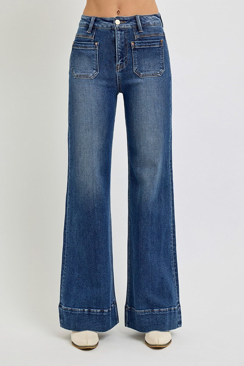 Risen High Rise Wide Flare Patch Pocket Jeans