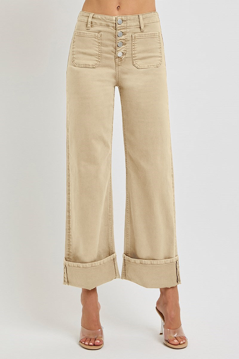 Risen High Rise Wide Leg Front Patch Pocket Cuffed Pants - Latte