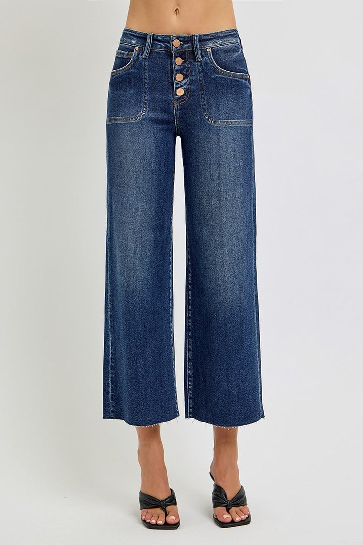 Risen High Rise Crop Wide Button Up Jeans