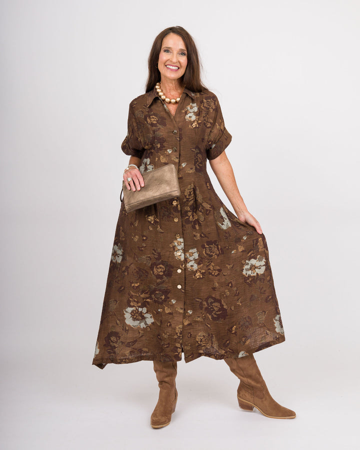 Brown Button Up Floral Dress